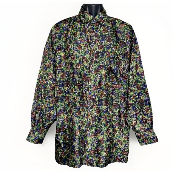 Silk Trail Robert Stock 100% Silk XL Shirt Long Sleeve Burgundy Blue Abstract - Picture 1 of 5